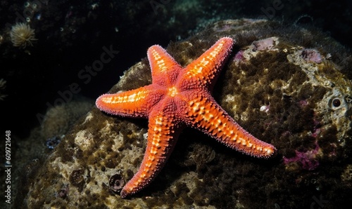  a bright orange starfish on a rock in the ocean. generative ai © Anna