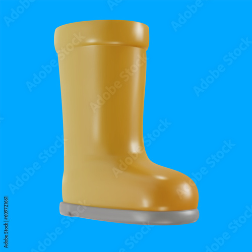 Single rubber yellow rain boot isolated on blue background. 3d cartoon garden design element in minimal style. Vector icon or illustration.