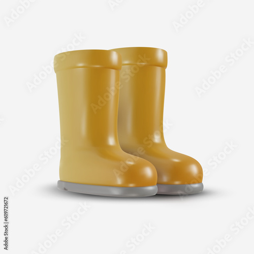 Rubber rain yellow boots isolated on white background. 3d cartoon garden design element in minimal style. Vector icon or illustration.