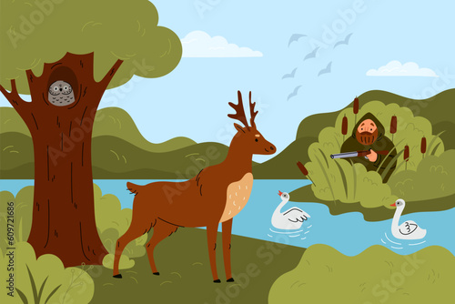 Cartoon hunting background. Hunter in raincoat with gun hides in reeds. Man stalking prey. Forest deer. Owl and lake geese. Wild nature animals. Huntsman leisure. Garish vector concept