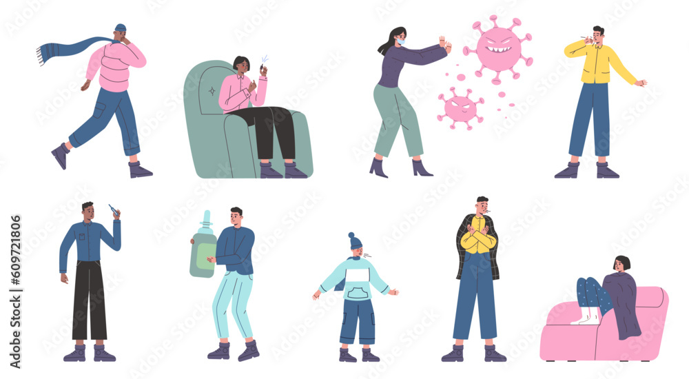 Cartoon ill people. Sick characters. Men or women with seasonal flu medical symptoms. Coughing kids. Sneezing persons. Runny nose spray. Viral diseases. Vector influenza patients set