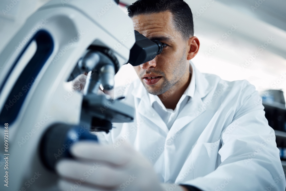 Microscope, science and man scientist in a lab for research, medical and innovation. Healthcare, experiment and male expert with bacteria for development, observation or medical, sample and reaction Microscope, science and man scientist in a lab for research, medical and innovation. Healthcare, experiment and male expert with bacteria for development, observation or medical, sample and reaction