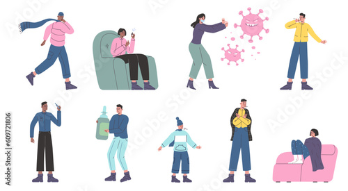 Cartoon ill people. Sick characters. Men or women with seasonal flu medical symptoms. Coughing kids. Sneezing persons. Runny nose spray. Viral diseases. Vector influenza patients set