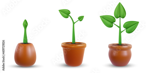 Set green small sprouts or plants in pot. 3d cartoon garden design composition in modern minimal style. Vector bright concept or illustration.