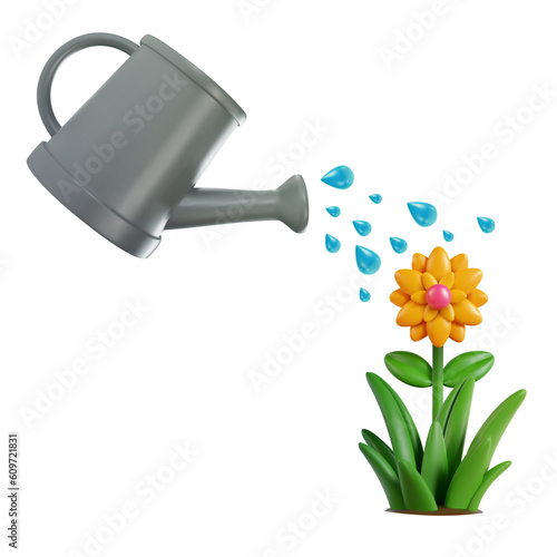 Watering can pours water on flower. 3d cartoon garden design composition in modern minimal style. Vector bright concept or illustration.
