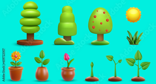 Set garden plants. Collection nature objects on blue background. Tree, sun, grass, flower in pot, green leafs. Bright design elements in 3d realistic style. Modern minimal vector illustration, icon.
