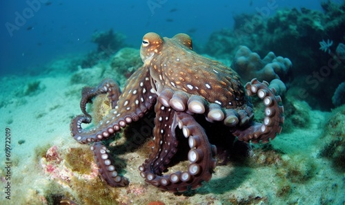  an octopus is sitting on the bottom of the ocean floor.  generative ai