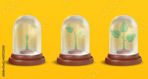 Set small green sprouts or plants under glass dome. 3d cartoon design element in minimal style. Vector icon or illustration.