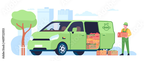 Delivery of farm fresh fruits and vegetables. Deliveryman holding box of natural products. Man loading crates into automobile van. Agriculture harvest. Courier in uniform. Vector concept