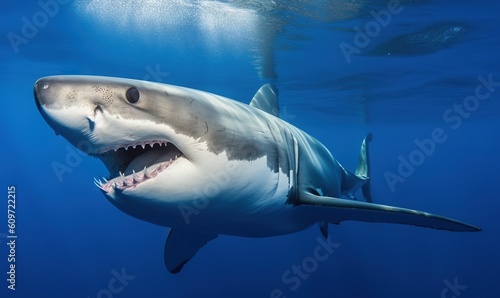  a great white shark with its mouth open in the water.  generative ai © Anna