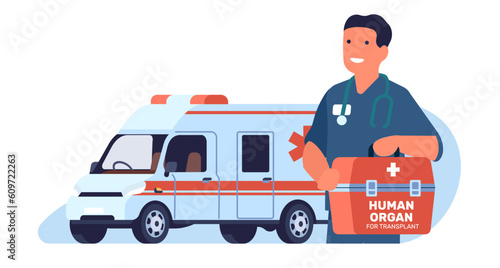 Doctor holding box with human organ for transplant. Ambulance car. Professional health care. Man carrying bag for patient. Transportation medicine. Hospital treatment. Vector concept