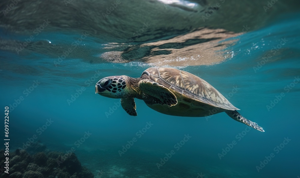  a turtle swims in the water near a coral reef.  generative ai