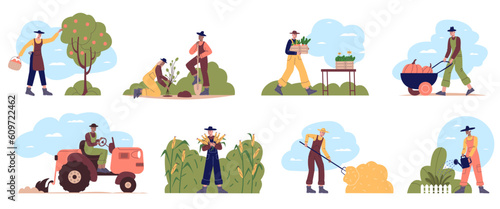 Farmers work. People in work clothes pick apples. Plants cultivation. Fruit trees in orchard. Man watering garden and plowing field. Tractor and harvest hay. Vector agricultural workers set