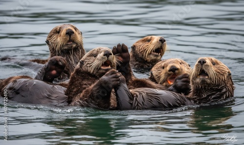  a group of sea otters playing in the water together.  generative ai © Anna
