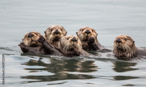  a group of sea otters swimming in the ocean together.  generative ai © Anna