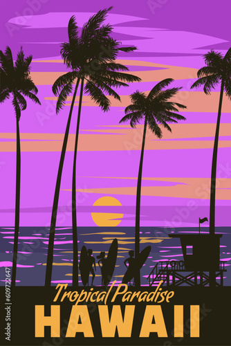 Hawaii vintage travel poster. Sunset beach surfers,