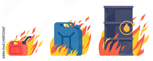 Fire in gasoline and oil tanks. Burning barrels. Flammable canisters. Dangerous fuel storage. Petroleum containers in flame. Environment pollution. Vector blazing petrol bottles set