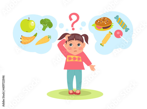 Girl wondered about choice between junk food and healthy meal. Making decision. Diet or fat nutrition. Vegetables and sweets. Kid choosing fruits or burger. Solving question. Vector concept