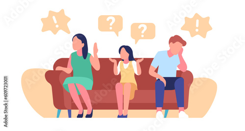 Husband and wife quarrel. Daughter chooses between father or mother. Family misunderstanding. Confused girl. Angry man and woman arguing. People disagreement and conflict. Vector concept
