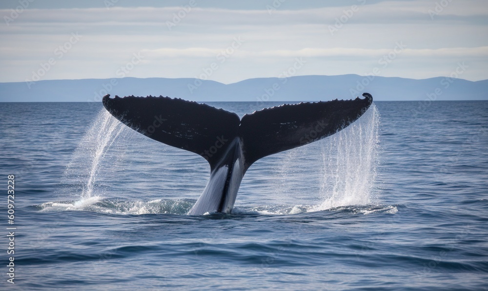 Obraz premium a whale tail flups out of the water in the ocean. generative ai
