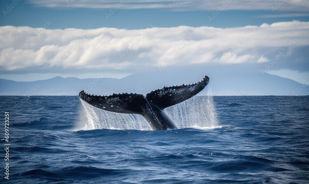 Fototapeta premium a whale tail flups out of the water in front of mountains. generative ai