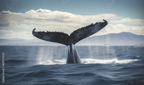  a whale tail flups out of the water in front of mountains. generative ai