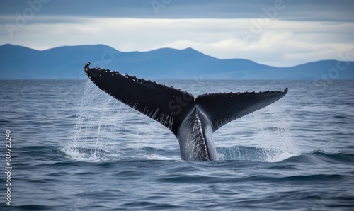  a whale tail flups out of the water with mountains in the background.  generative ai