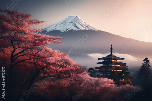 Travel, landscape, cityscape concept. Fujiyoshida, Japan Beautiful view of mountain, Chureito pagoda, cherry blossoms. Generative AI photo