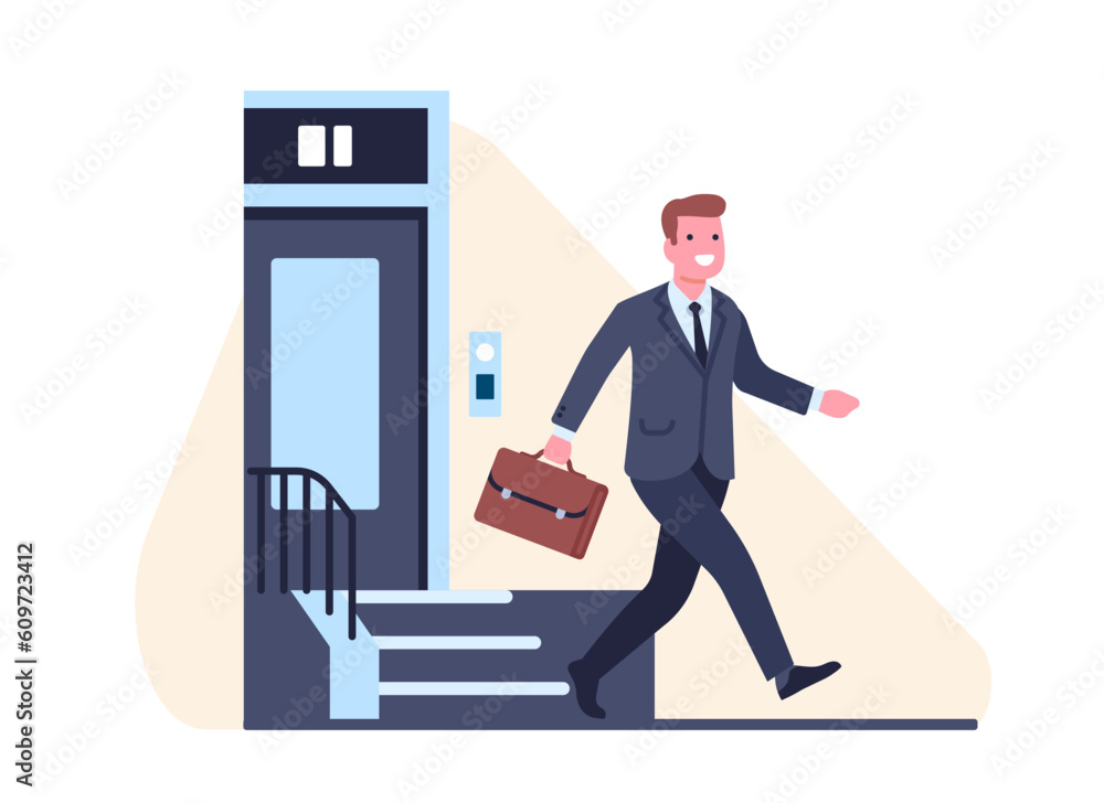 Joyful man leaves his house to go to work. Happy businessman in suit with briefcase. Smiling male walking down street. Home door porch. Building facade. Business worker. Vector concept Joyful man leaves his house to go to work. Happy businessman in suit with briefcase. Smiling male walking down street. Home door porch. Building facade. Business worker. Vector concept