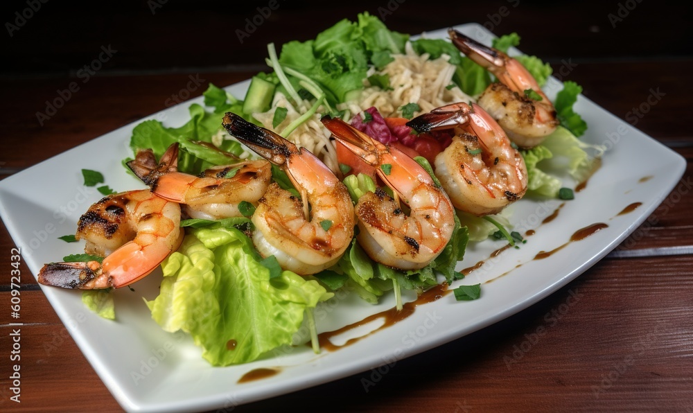 a white plate topped with shrimp and lettuce covered in sauce and garnished with garnishes on top of a wooden table. generative ai a white plate topped with shrimp and lettuce covered in sauce and garnished with garnishes on top of a wooden table. generative ai