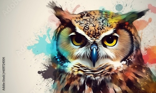  an owl with yellow eyes is painted with watercolors on a white background with a splash of paint on it's back side. generative ai