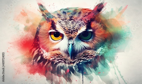  an owl with yellow eyes and orange eyes is painted with watercolors on a white background with a splash of red and green paint. generative ai