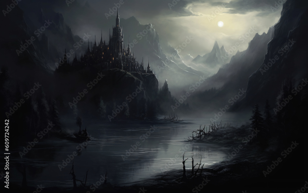 Dark Huge Castle in the Fantasy Landscape