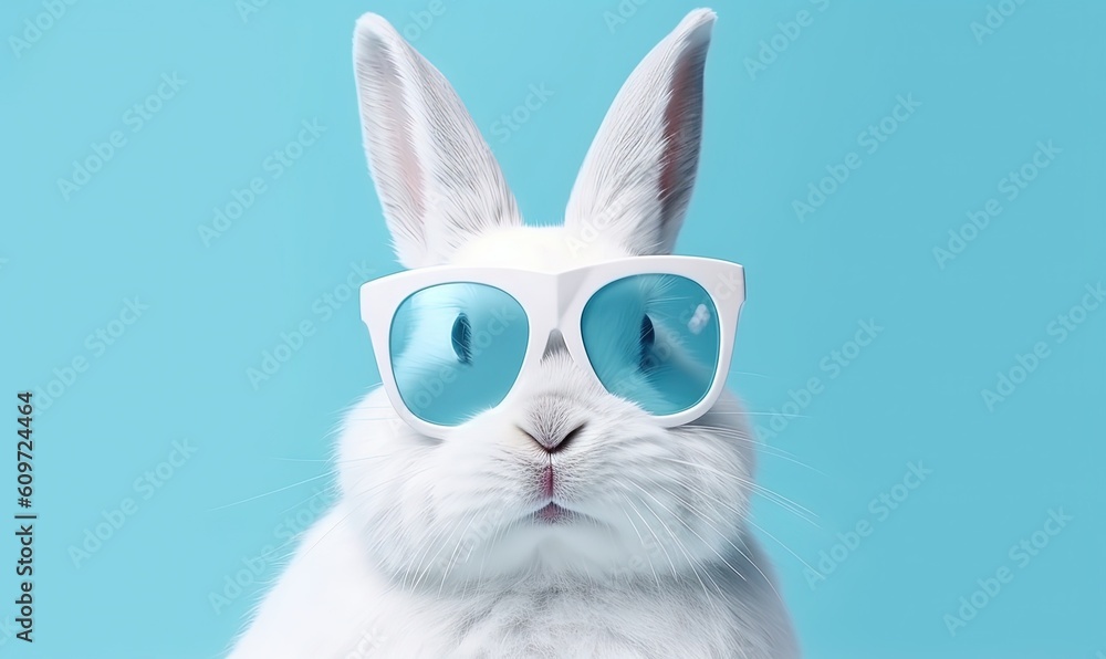  a white rabbit wearing sunglasses on a blue background with a light blue background and a light blue background with a white rabbit wearing sunglasses on it's head.  generative ai