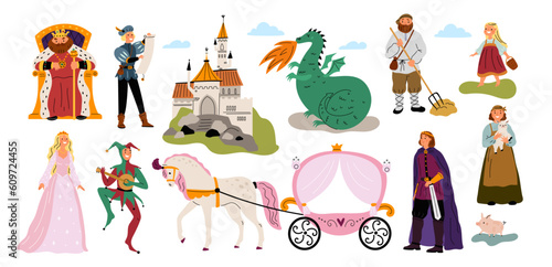 Medieval fairy tale. Fabulous characters and objects. Royal family and castle. Fantastic dragon. Peasants and court jester. Horse carriage for princess. Garish vector fantasy story set