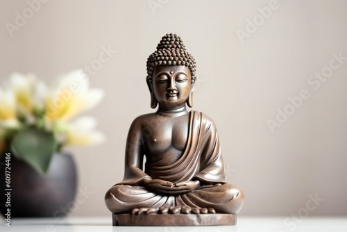 A Buddha figure in front of a bright background, Generative AI