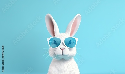  a white rabbit wearing sunglasses on a blue background with a light blue background and a light blue background with a light blue background and a light blue background.  generative ai