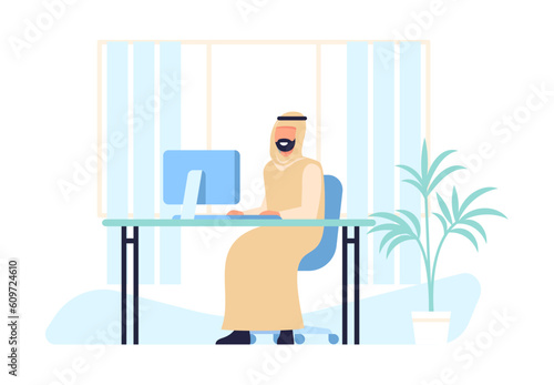 Muslim man working at desk on computer. Office worker in traditional arab clothing. Arabian male sitting on chair. Islamic businessman at PC table. Entrepreneurs workplace. Vector concept