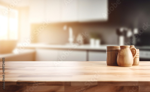 A wooden table in a kitchen  background blurred  ideal for product placements  Generative AI
