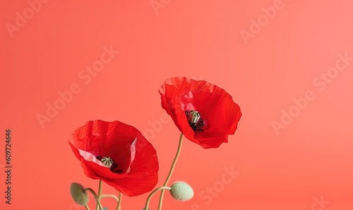  two red poppies in a vase on a pink background with a tiny insect on the top of the flower stem and a tiny white ball in the middle of the vase. generative ai