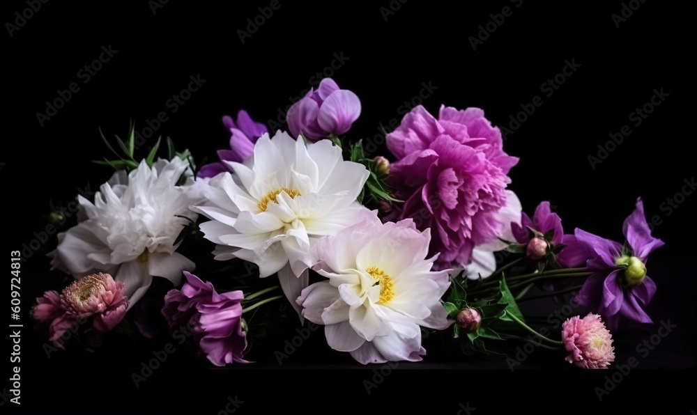  a bunch of flowers that are sitting on a black tablecloth with a black background in the middle of the picture is a bunch of purple and white flowers in the middle.  generative ai