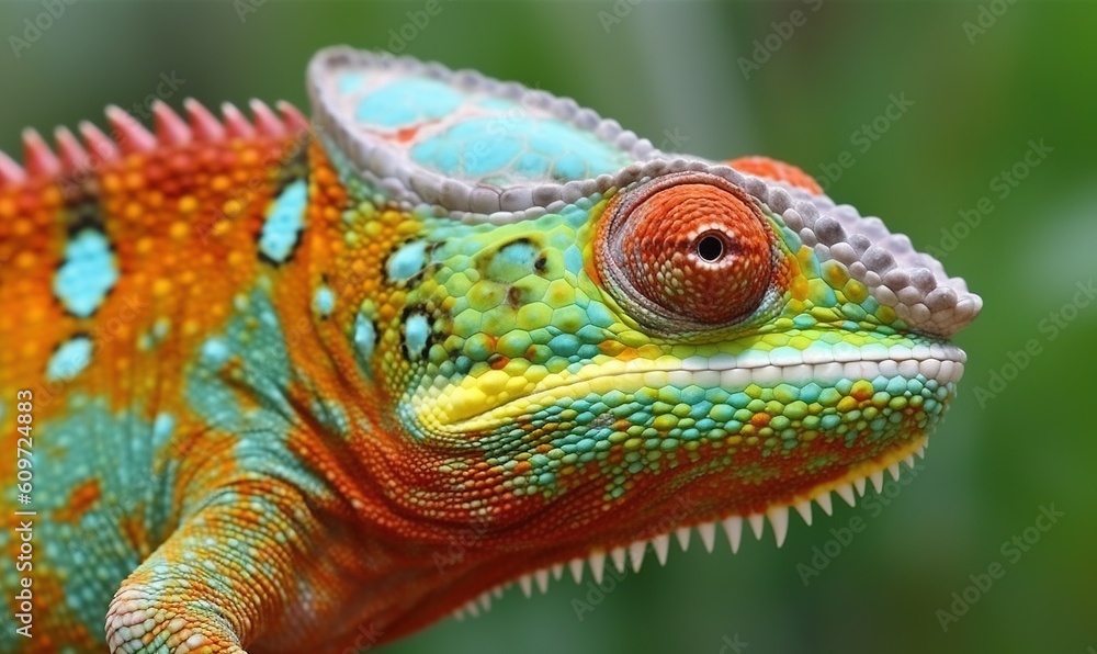 Obraz premium a close up of a colorful chamelon on a branch with a blurry back ground and green grass in the back ground behind it. generative ai