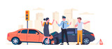Police officer stopped conflict between drivers involved in traffic accident. Automobiles collision. Smashed cars. Man and woman quarrel. Policeman talking with angry people. Vector concept