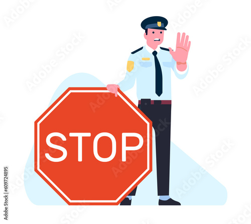 Policeman puts his hand out in front to say stop. Traffic regulation. Police officer holding street symbol. Stopping gesture. Patrol cop with road sign. Man in uniform. Vector concept