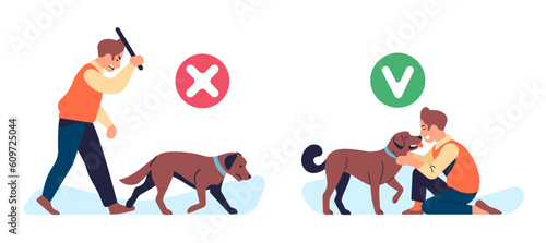 Right and wrong way to behave dog. Allowed and prohibited symbols. Hit or care puppy for obedience training. Pet owner. Cynology and veterinary poster. Domestic animals. Vector concept