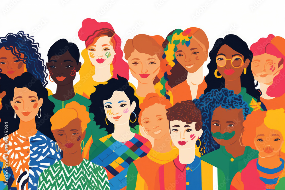 Flat illustration of diverse group of humans proudly representing the LGBTIQ+. generative ai