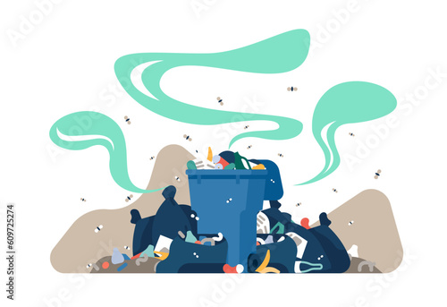 Stinking pile of garbage with flies flying over it. Overloaded dirty trash cans. Rubbish heap on street. Smelly full dumpster and bags. Road landfill with unsorted refuse. Vector concept