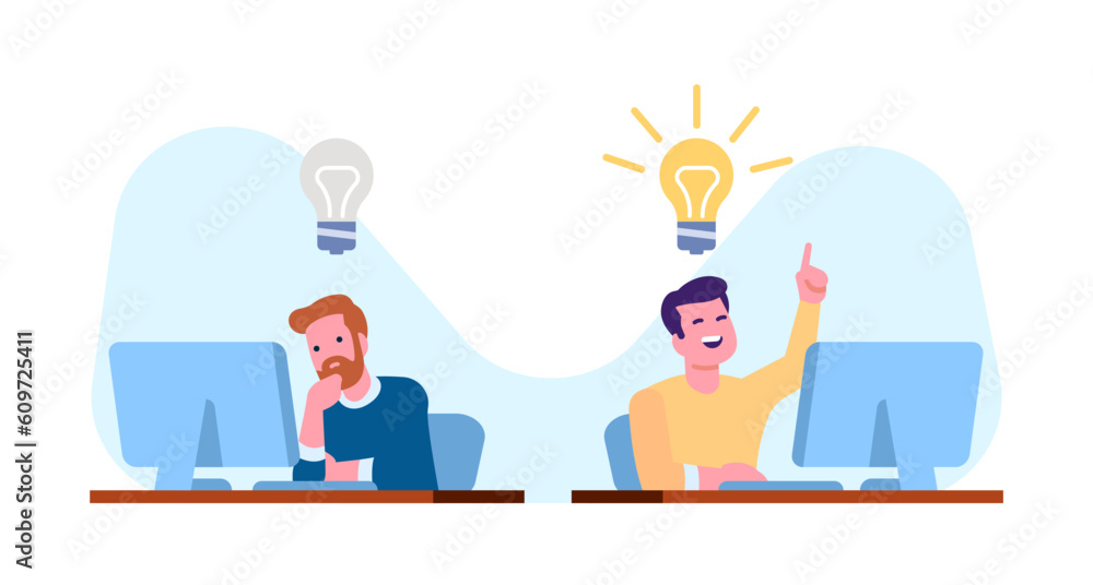 Two workers with and without idea. People working at computers. Solution light bulbs. Businessman brainstorming. Failure and success. Office employees. Inspiration lamp. Vector concept Two workers with and without idea. People working at computers. Solution light bulbs. Businessman brainstorming. Failure and success. Office employees. Inspiration lamp. Vector concept
