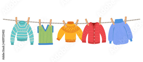 Clothes on rope. sweaters socks outdoor. Vector template illustration isolated