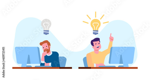 Two workers with and without idea. People working at computers. Solution light bulbs. Businessman brainstorming. Failure and success. Office employees. Inspiration lamp. Vector concept